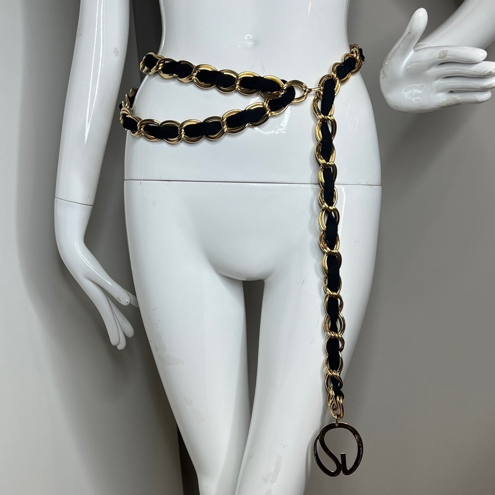 St John Heavy Goldtone Chain with Black Knit Intersperced Belt Necklace - Rare